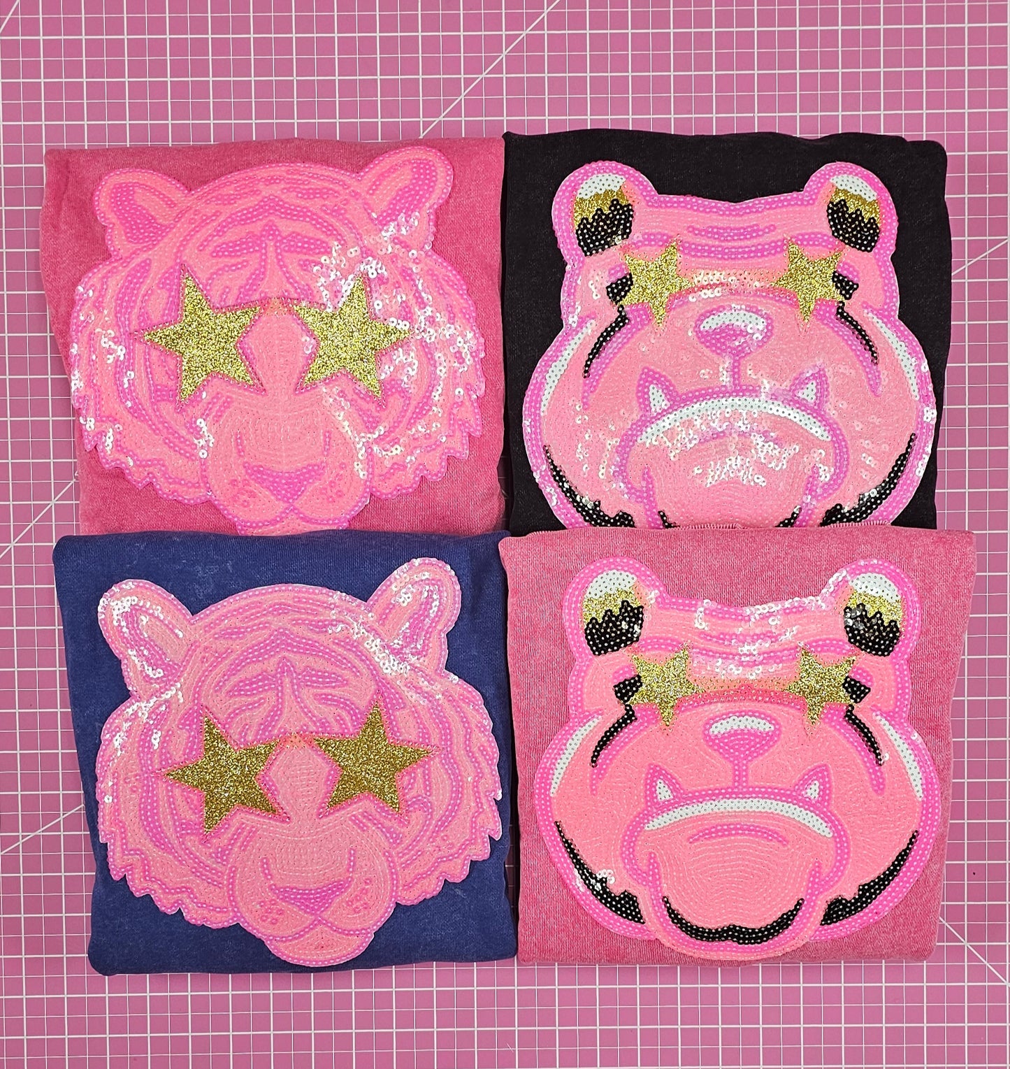 Hot Pink Tiger Mascot Sewn on Sequin Acid Wash Crew by Pretty Preppy Co.