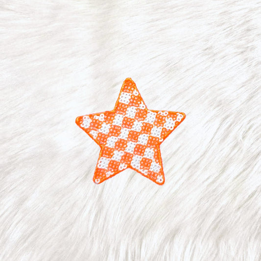Checkered Star Small Orange White Sequin Iron On Patch