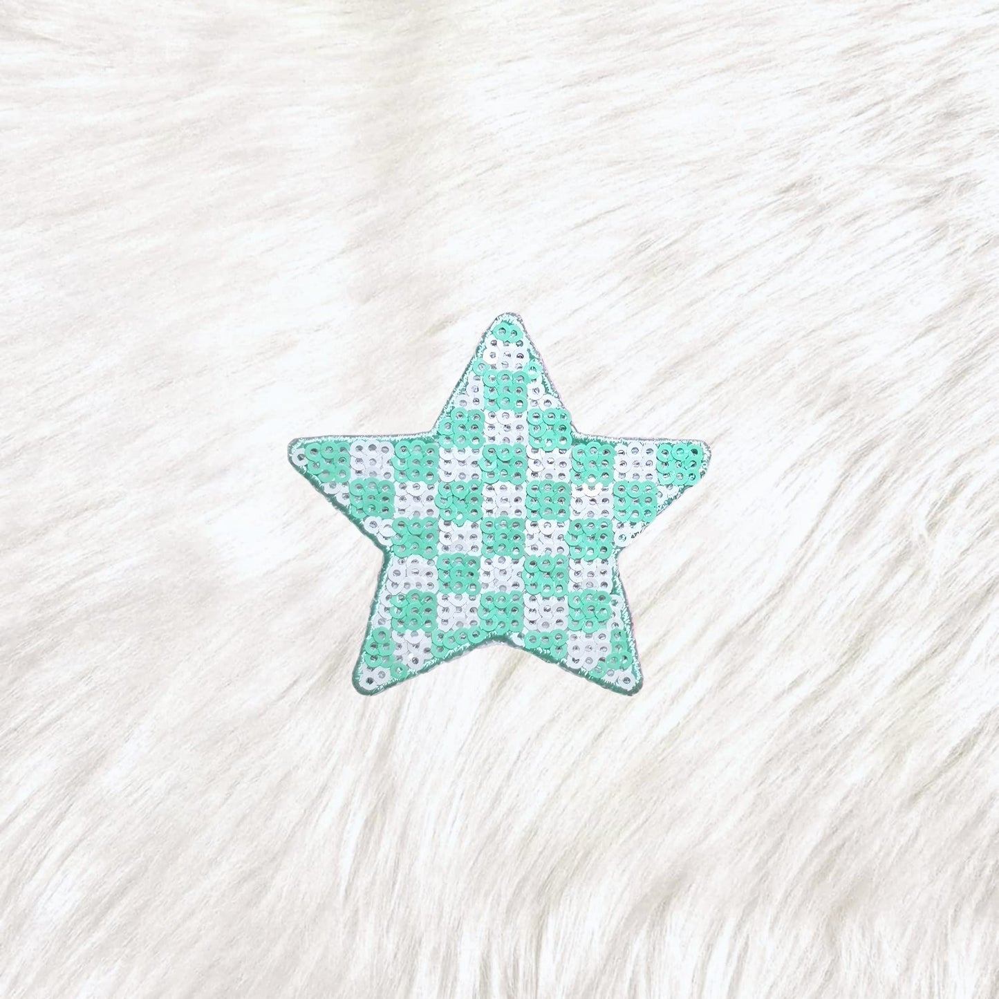 Checkered Star Small Minty Green White Sequin Iron On Patch