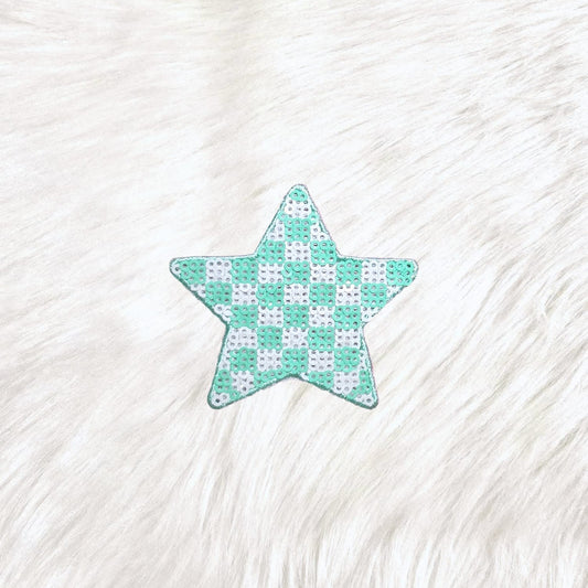 Checkered Star Small Minty Green White Sequin Iron On Patch