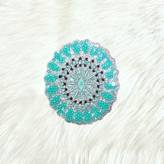 Concho Jewelry Brooch Turquoise Sequin Silver Glitter Iron On Patch