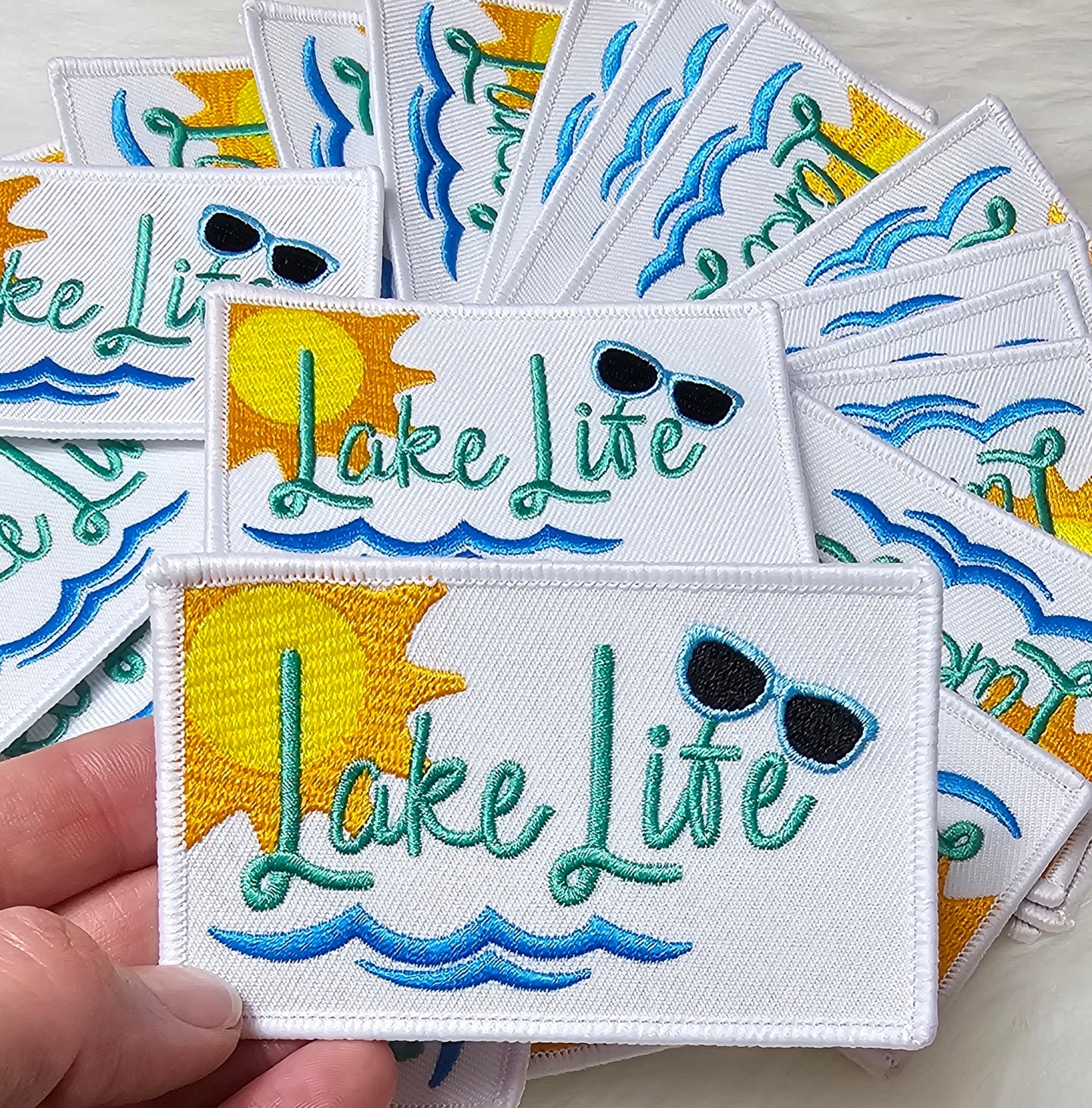 'Lake Life' Sunshine Water and Sunglasses Embroidery Iron On Patch