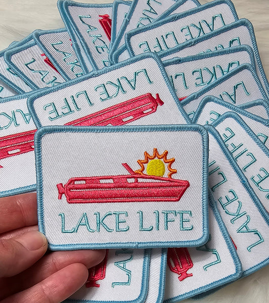 'Lake Life' Boat and Sun Embroidery Iron On Patch