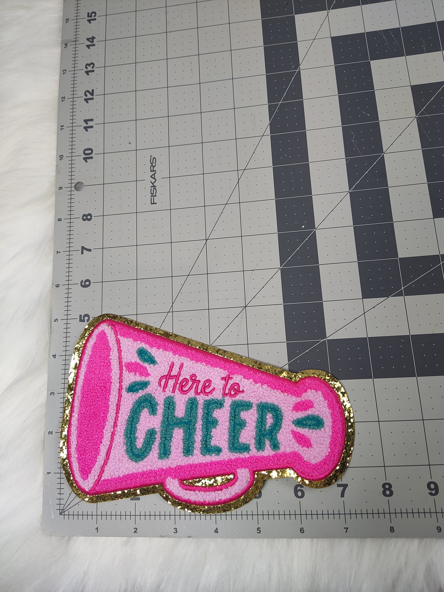 'Here to Cheer' Megaphone Pink Iron On Patch With Gold Glitter