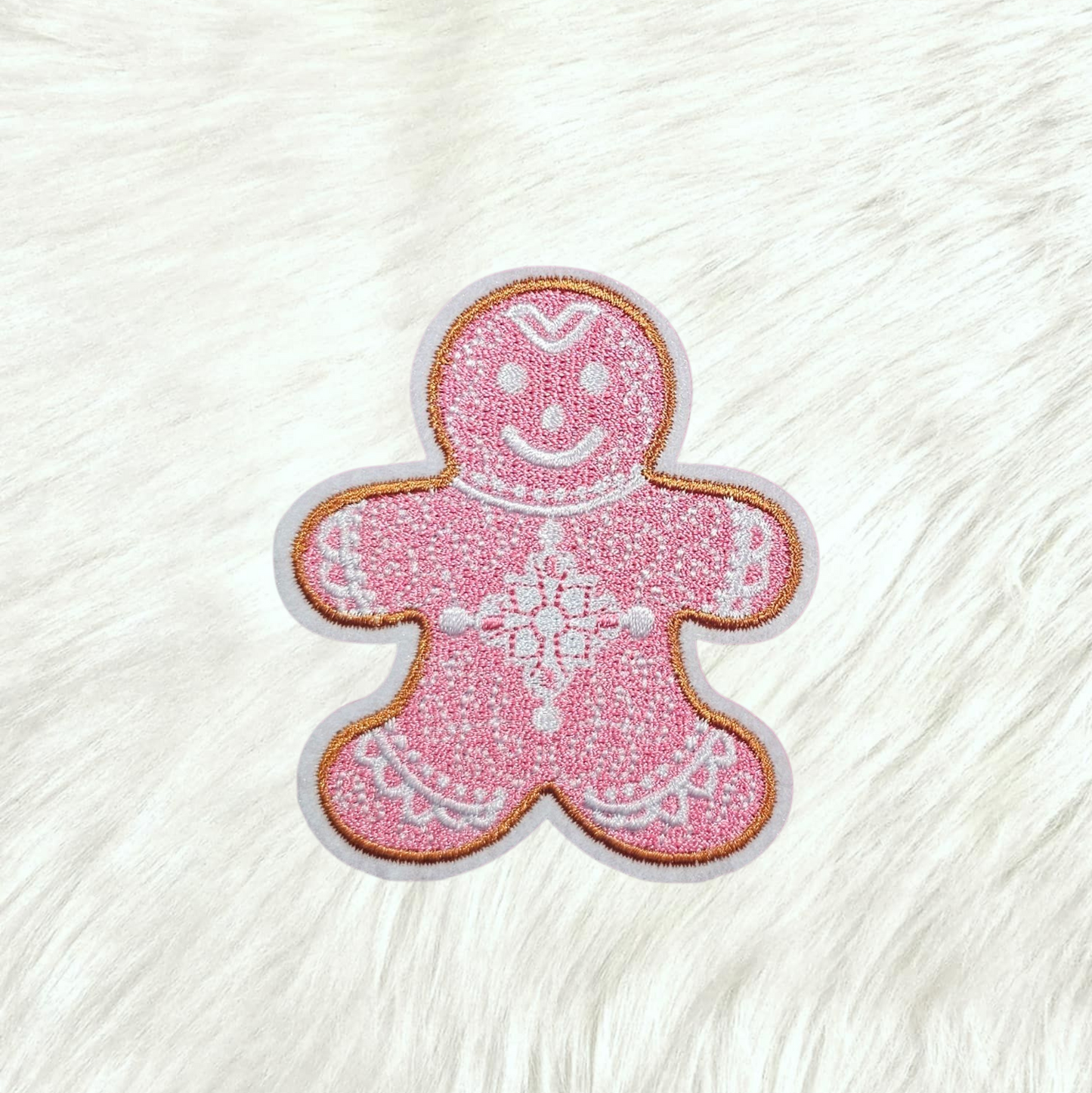 Gingerbread Man Pink with White Royal Icing Embroidery Iron On Patch