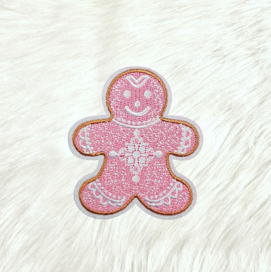 Gingerbread Man Pink with White Royal Icing Embroidery Iron On Patch