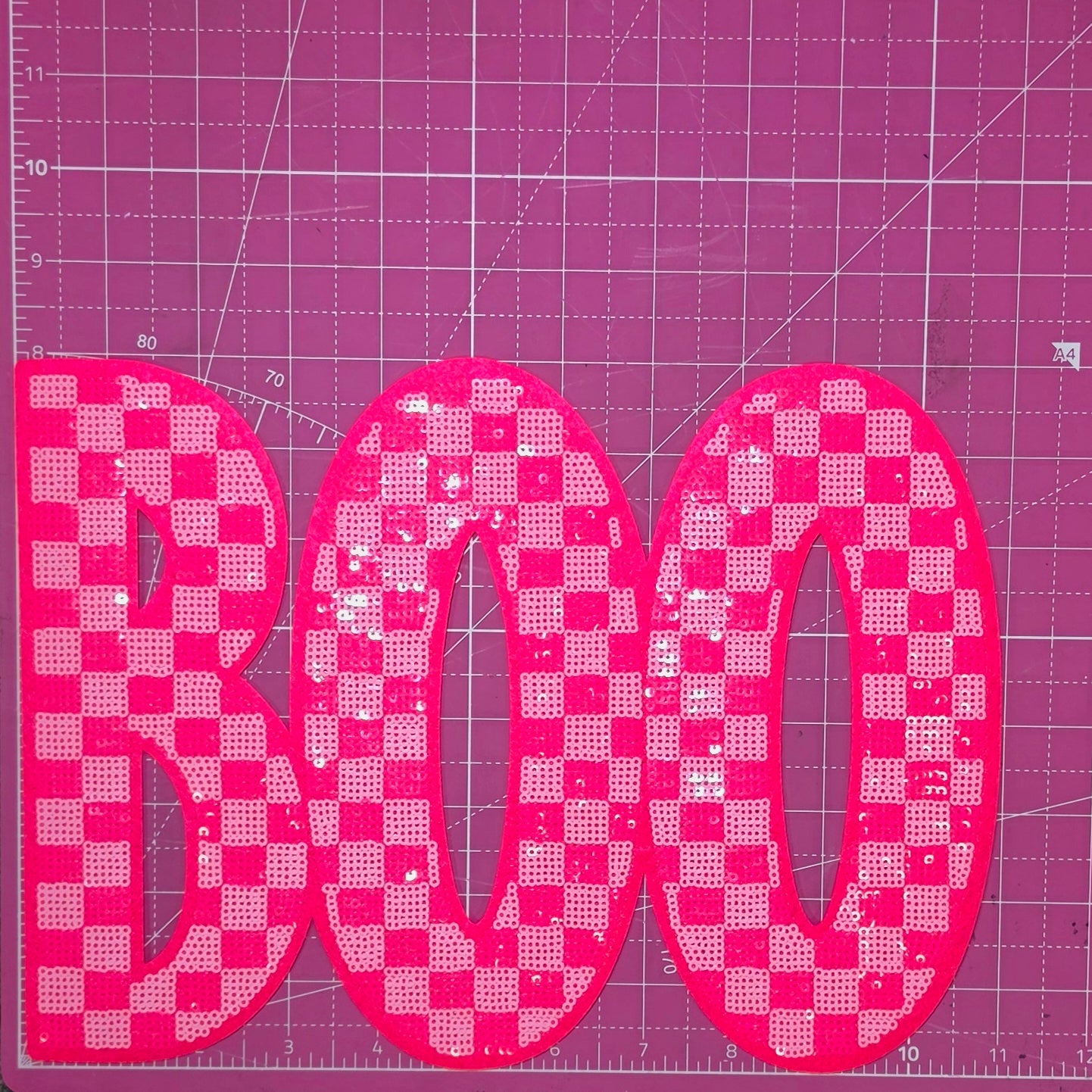 Boo Checkered Halloween Pink Sequin Large Iron on Patch