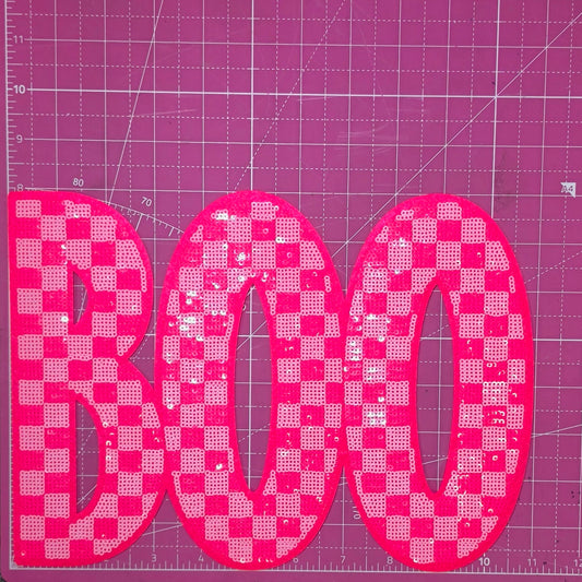Boo Checkered Halloween Pink Sequin Large Iron on Patch