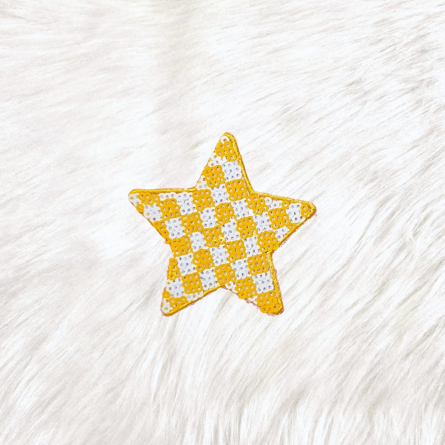 Checkered Star Small Yellow White Sequin Iron On Patch