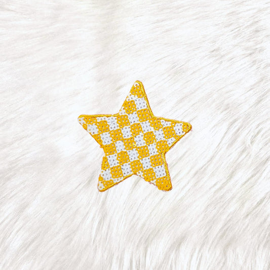 Checkered Star Small Yellow White Sequin Iron On Patch
