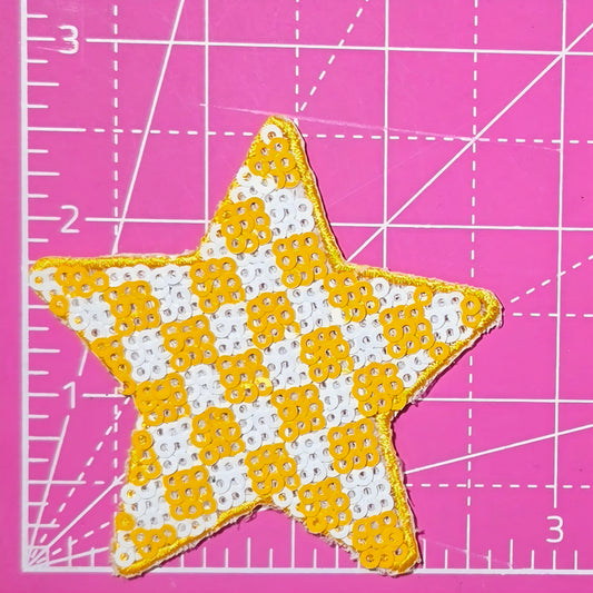 Checkered Star Small Yellow White Sequin Iron On Patch