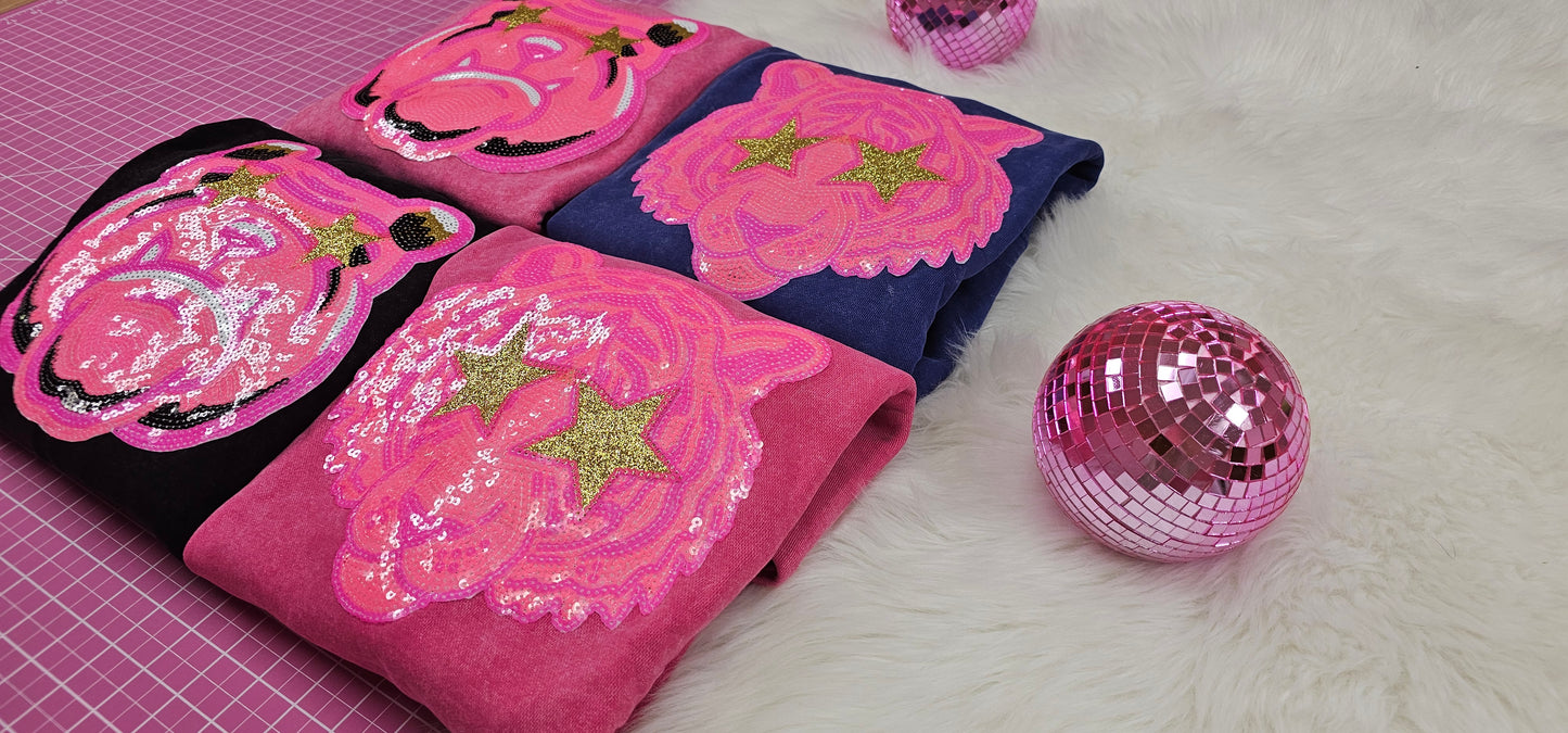 Hot Pink Bulldog Mascot Sequin on Acid Wash Crews by Pretty Preppy Co.
