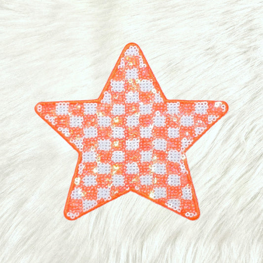 Checkered Star Orange and White Sequin Iron On Patch