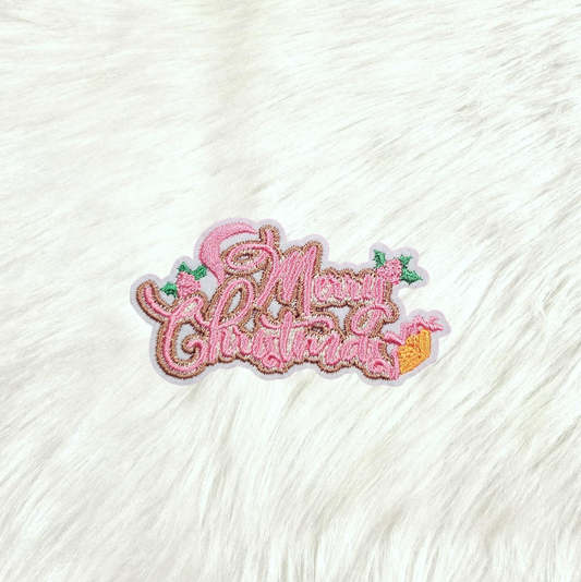 Merry Christmas Pink Holly Jingle Bells Small Embroidery Iron On Patch