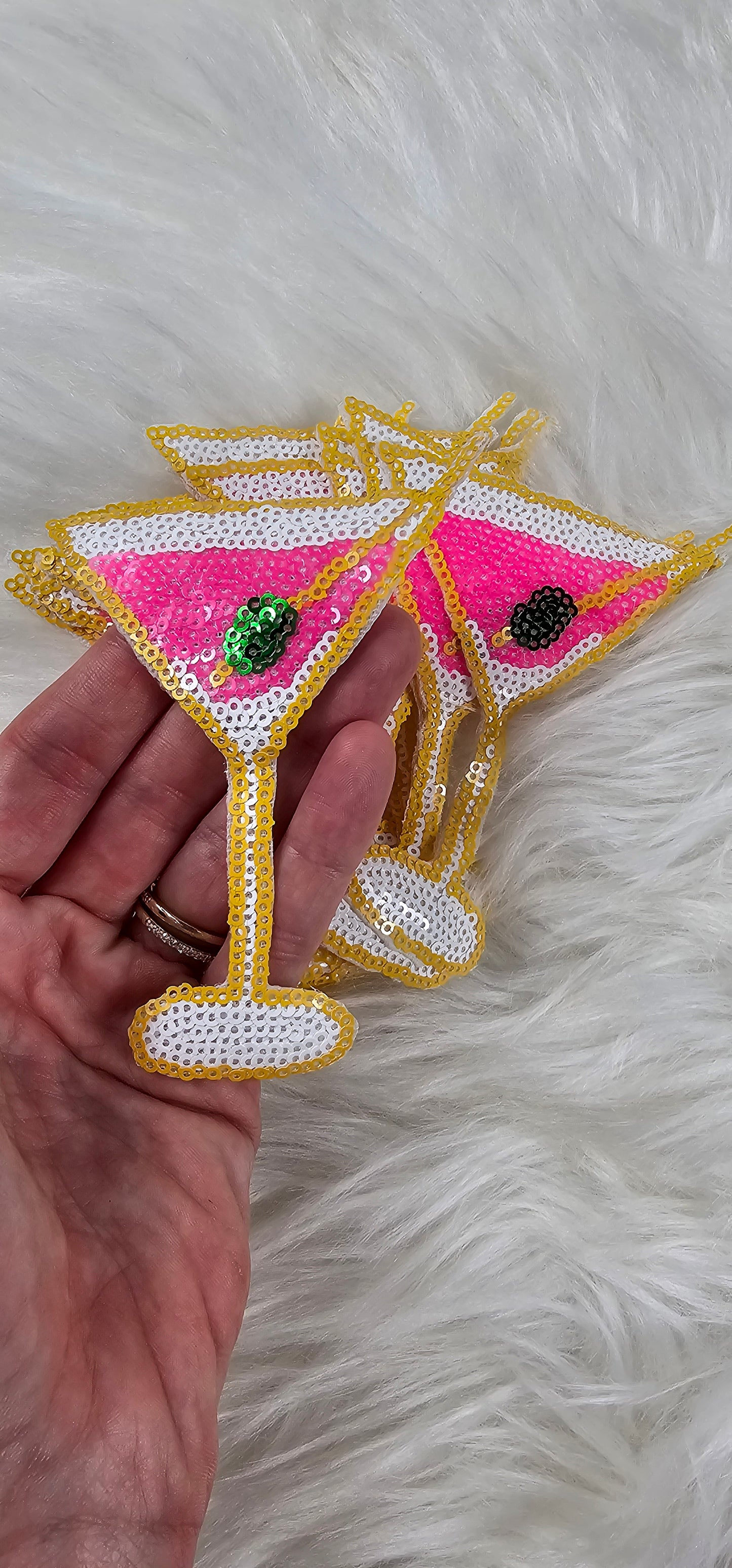 Sequin Pink Martini with Olive Embroidery Iron On Patch