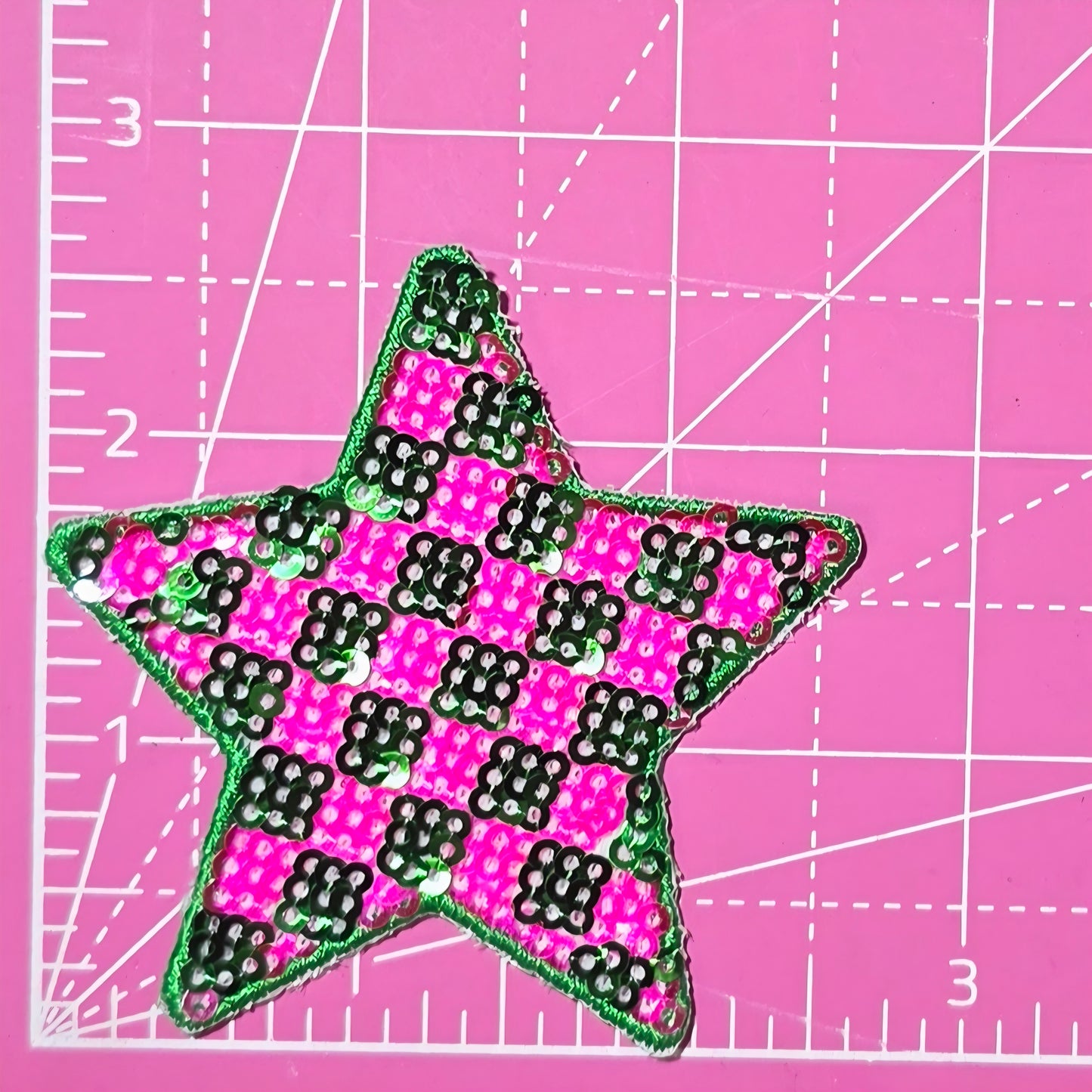 Checkered Star Small Pink Green Sequin Iron On Patch
