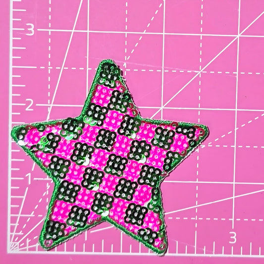 Checkered Star Small Pink Green Sequin Iron On Patch
