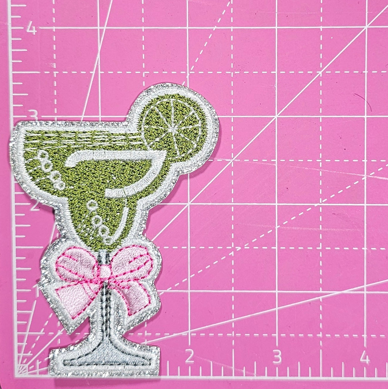 Margarita Coquette Bow on Silver Glitter Iron On Patch