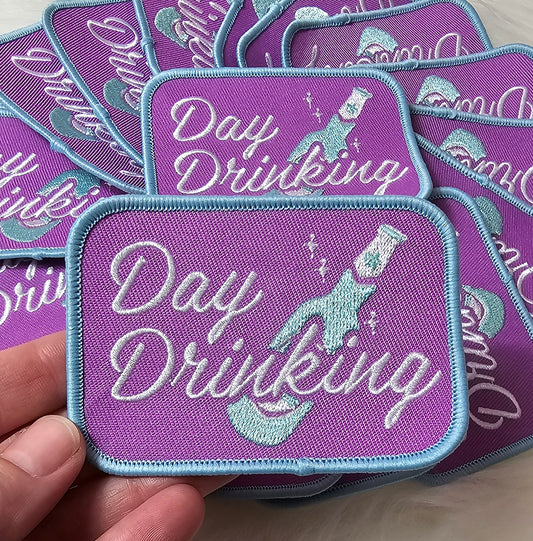 'Day Drinking' Champagne Bottle Purple and Blue Embroidery Iron On Patch