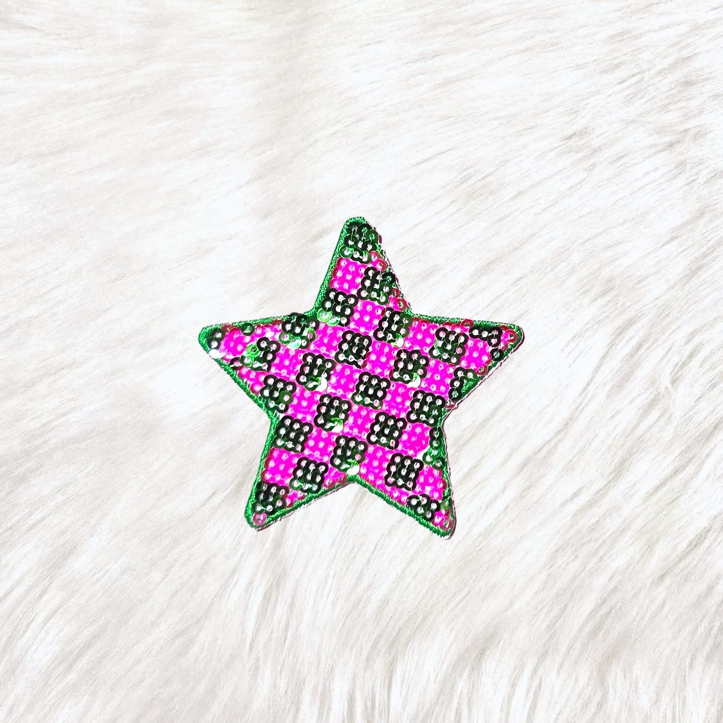 Checkered Star Small Pink Green Sequin Iron On Patch