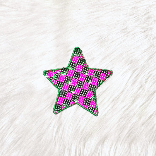 Checkered Star Small Pink Green Sequin Iron On Patch
