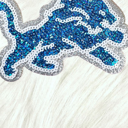 Blue Lion Mascot Sequin with Silver Glitter Small Iron On Patch