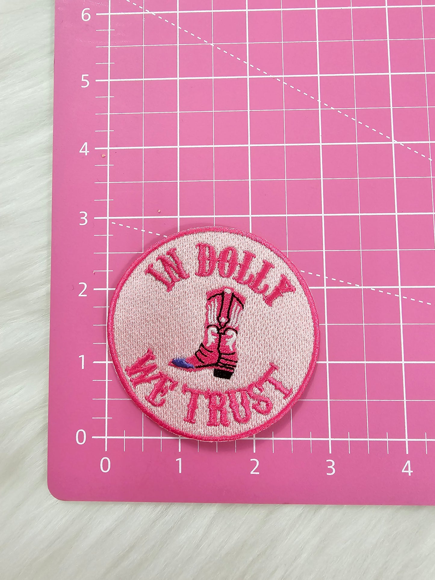 'In Dolly We Trust' Pink Embroidery Iron On Patch