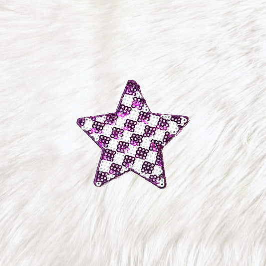 Checkered Star Small Purple White Sequin Iron On Patch