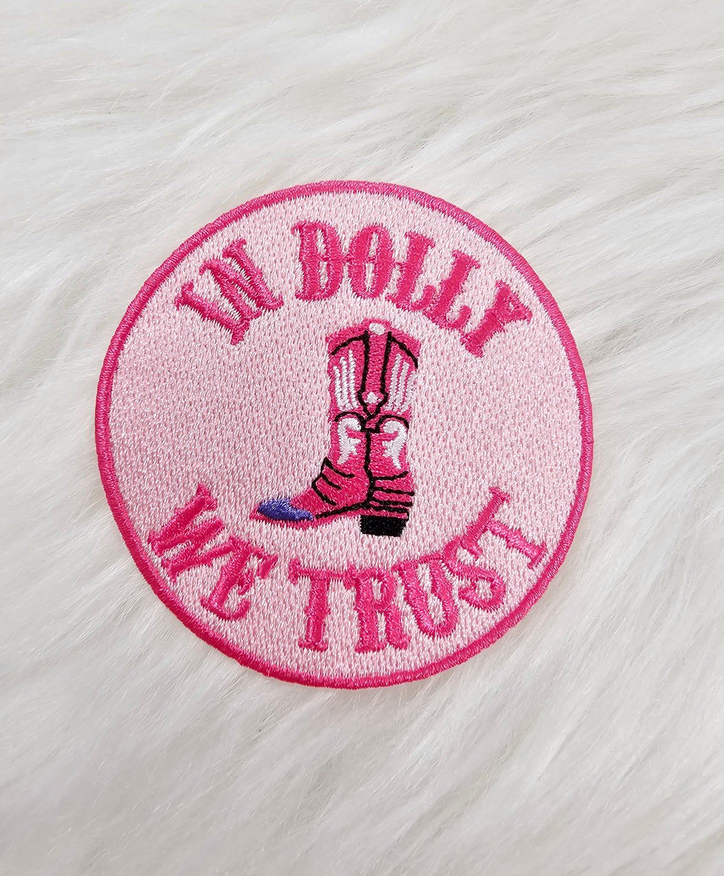 'In Dolly We Trust' Pink Embroidery Iron On Patch