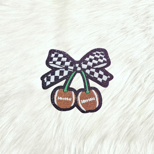 Football Cherries Checkered Bow Black Glitter Small Iron On Patch