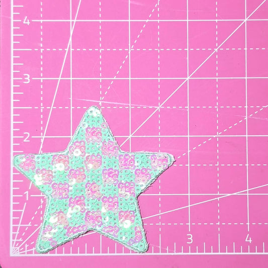 Checkered Star Small Green Pink Sequin Iron On Patch