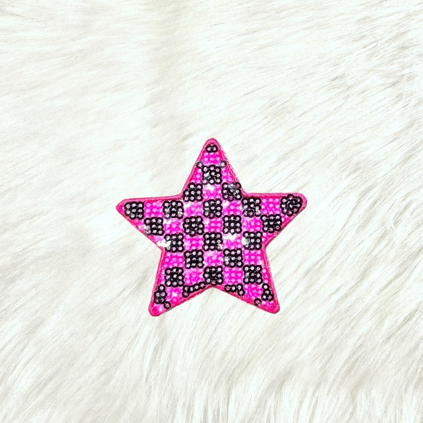 Checkered Star Small Pink Black Sequin Iron On Patch