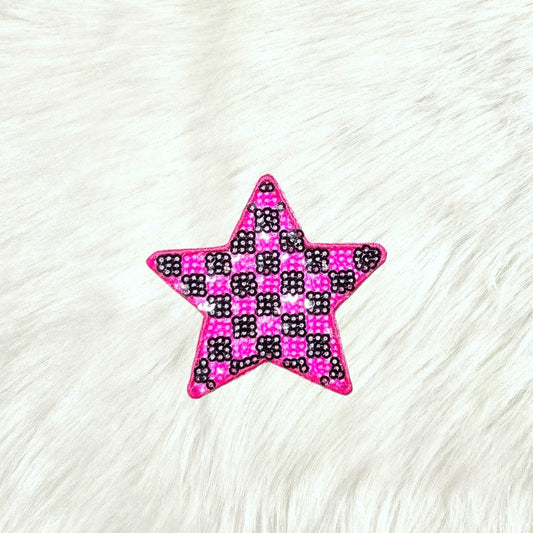 Checkered Star Small Pink Black Sequin Iron On Patch