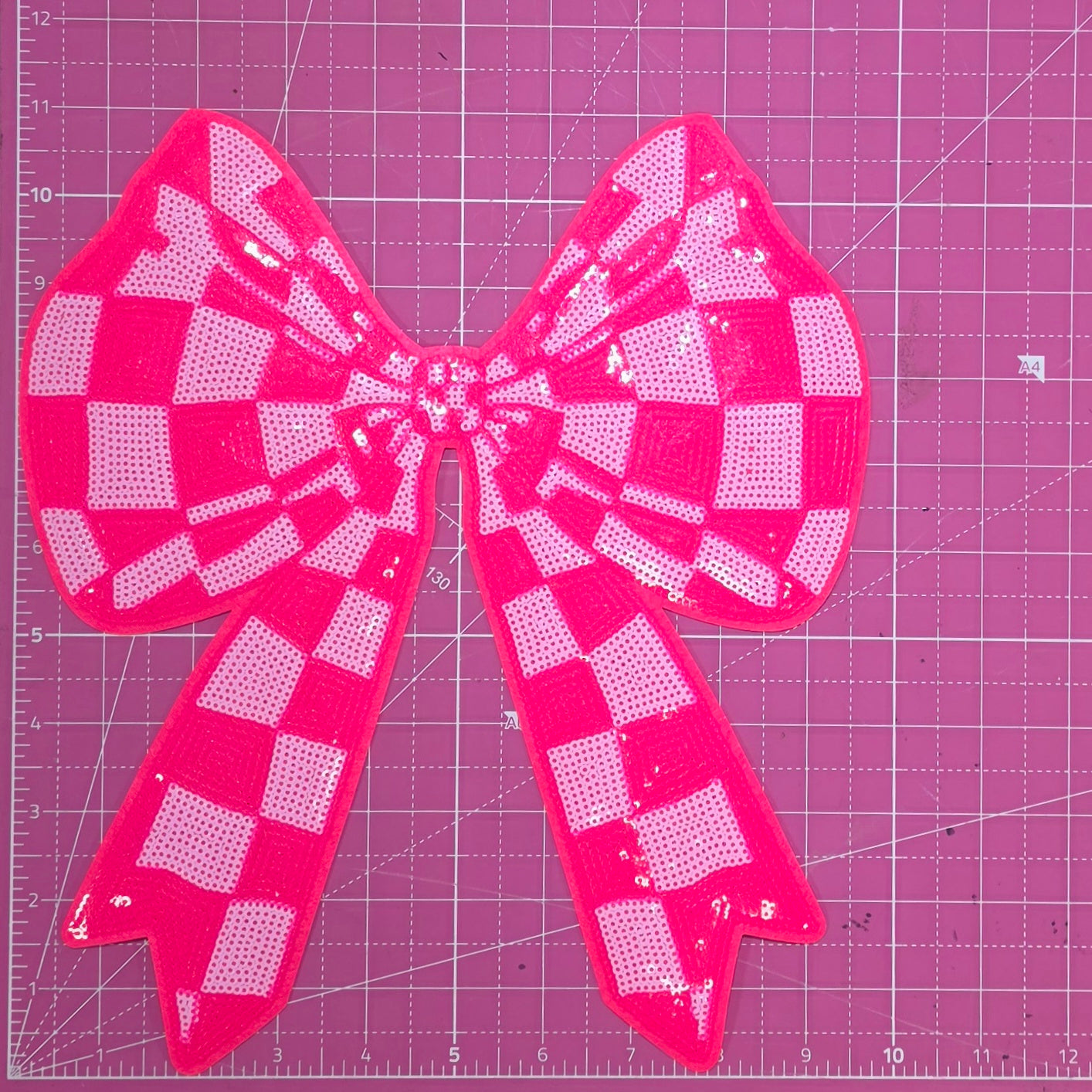 Checkered Bow Pink Sequin Large Iron On Patch