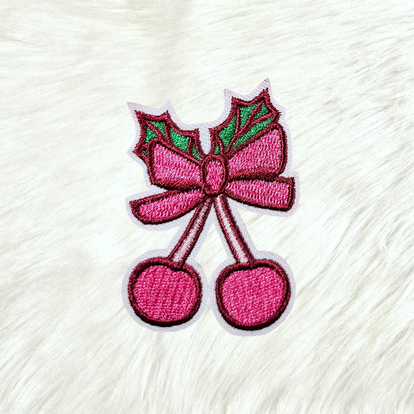 Pink Cherry Mistletoe Bow Christmas Embroidery Iron On Patch