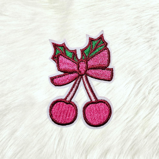 Pink Cherry Mistletoe Bow Christmas Embroidery Iron On Patch