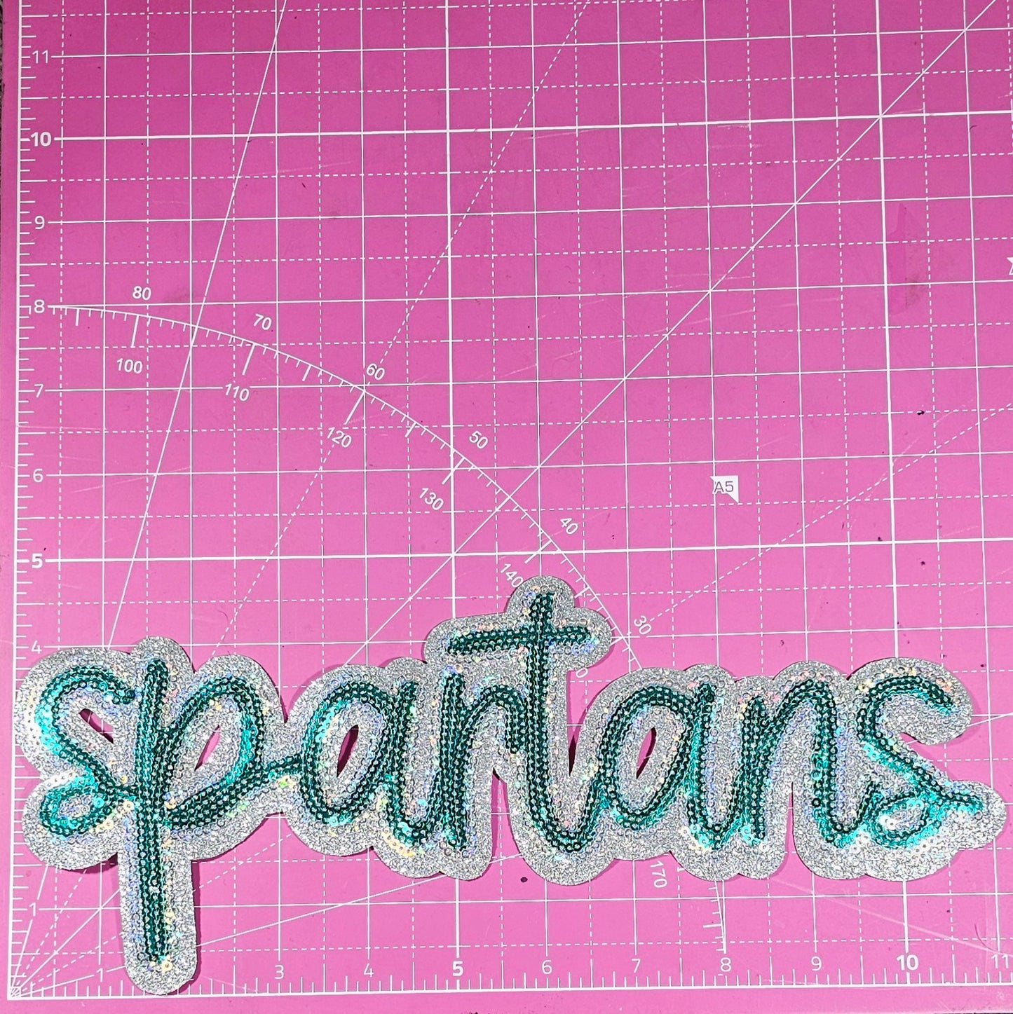 Spartans Cursive Green Sequin Large Iron On Patch