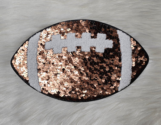 Large Brown Football with Sequin, Chenille and Black Glitter Iron On Patch