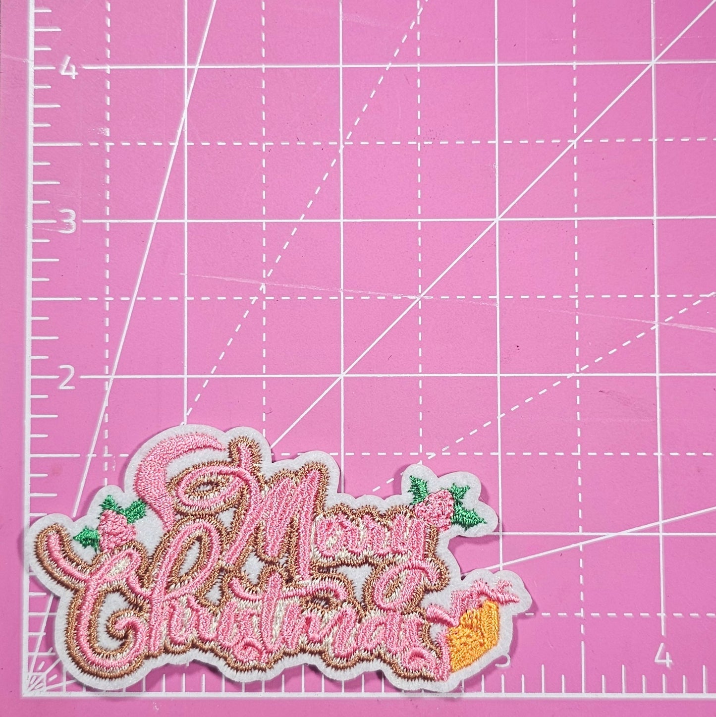 Merry Christmas Pink Holly Jingle Bells Small Embroidery Iron On Patch