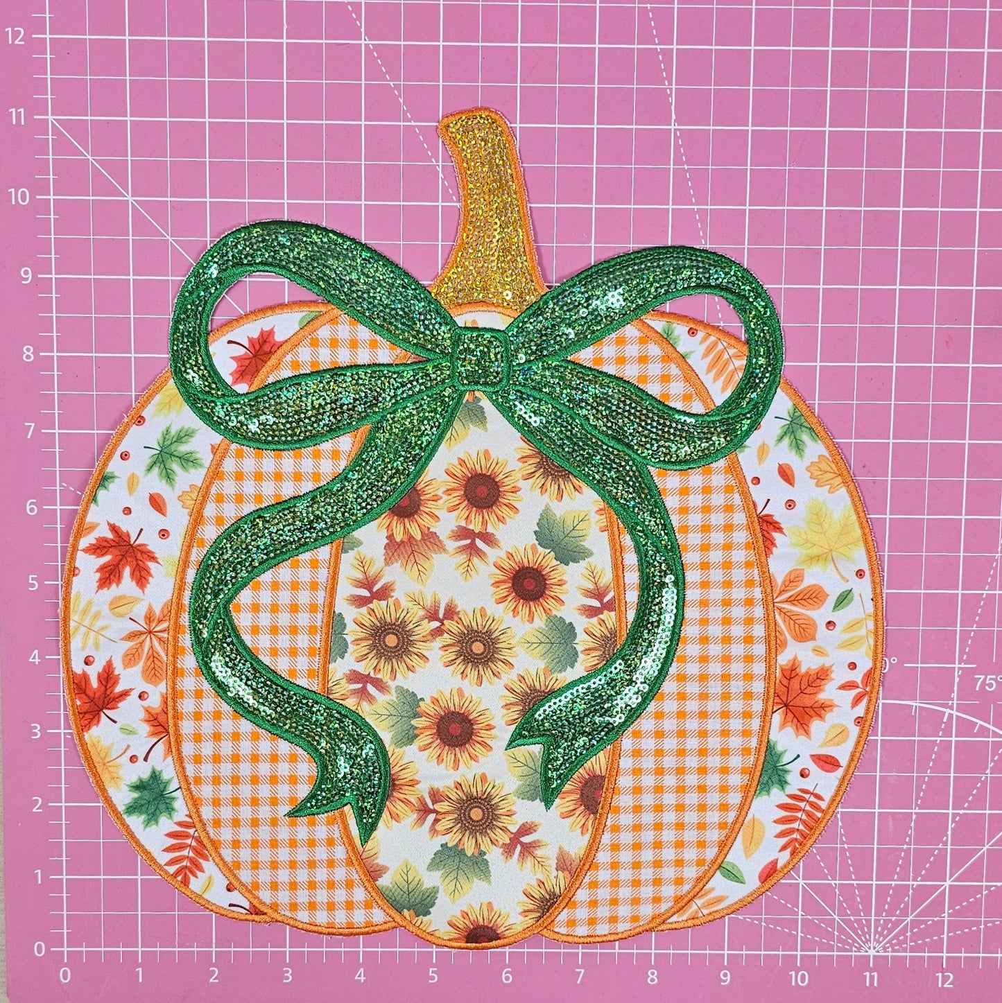 Halloween Pumpkin with Patchwork Quilt Sequin Bow Large Iron on Patch