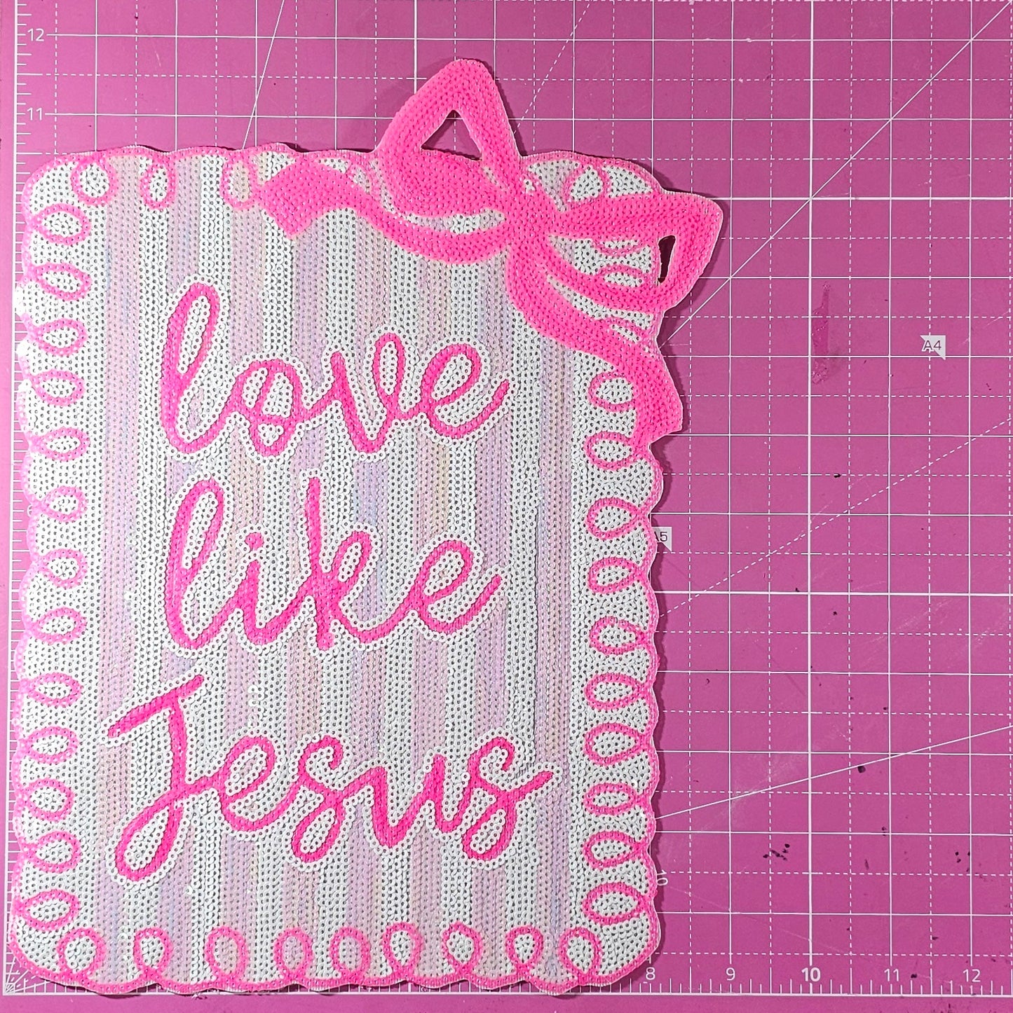 Love Like Jesus Striped Bow Sequin Large Iron On Patch