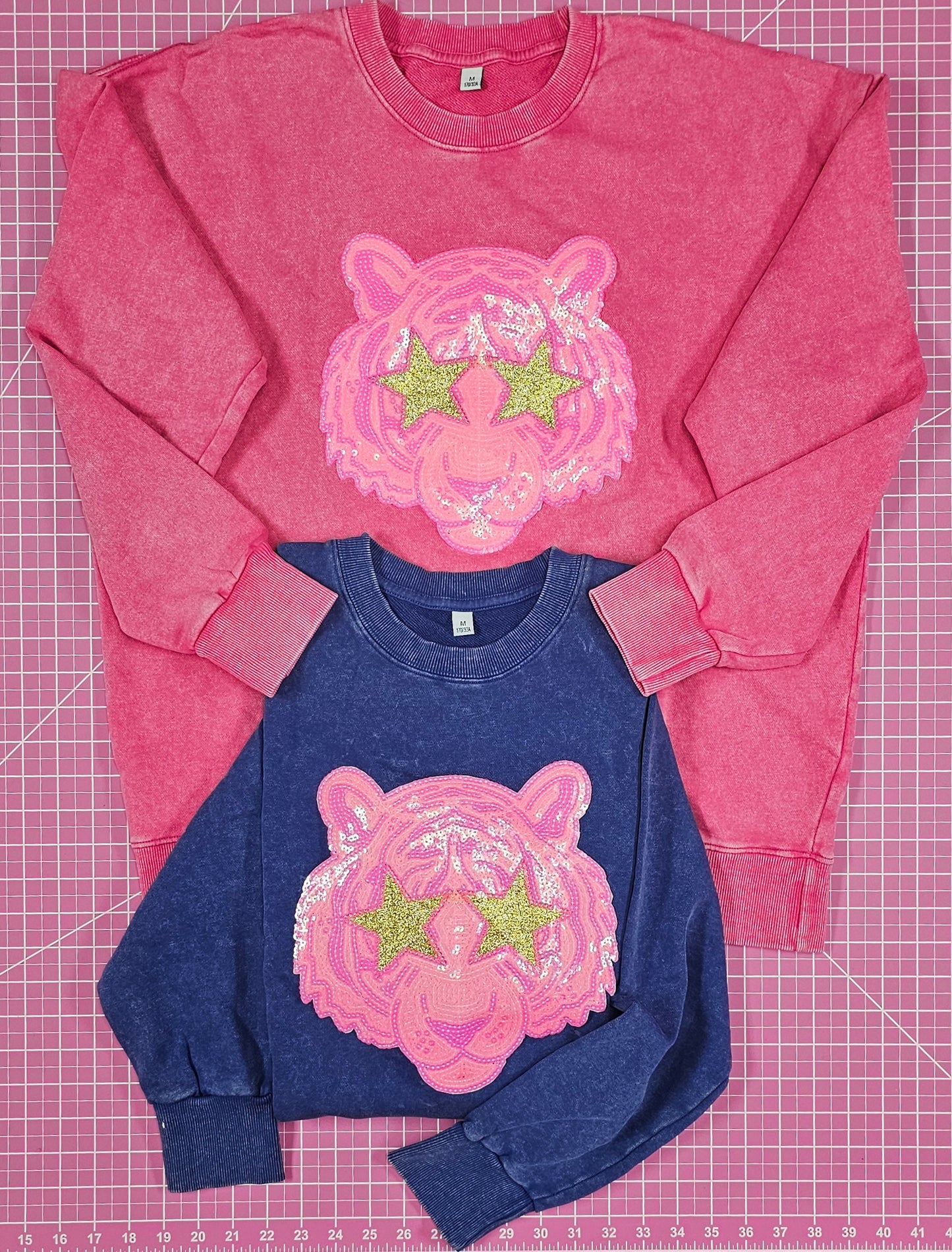 Hot Pink Tiger Mascot Sewn on Sequin Acid Wash Crew by Pretty Preppy Co.