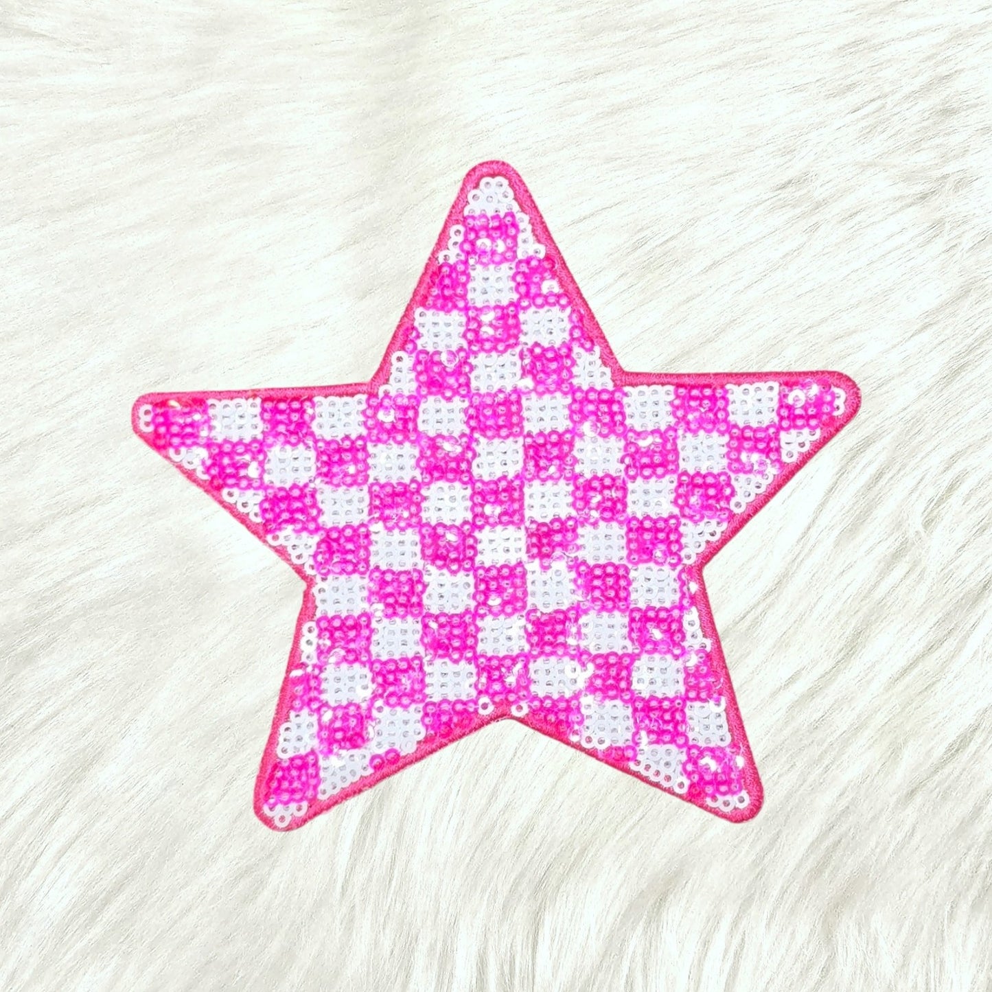 Checkered Star Pink and White Sequin Iron On Patch