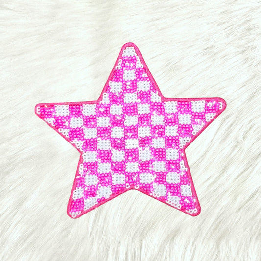 Checkered Star Pink and White Sequin Iron On Patch