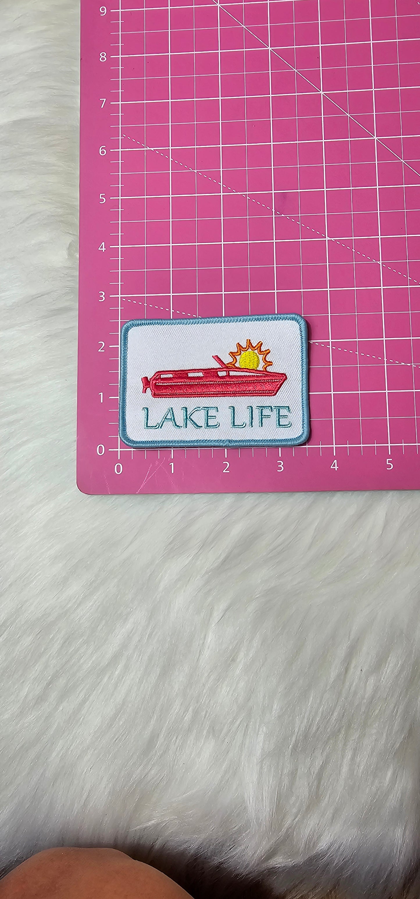 'Lake Life' Boat and Sun Embroidery Iron On Patch