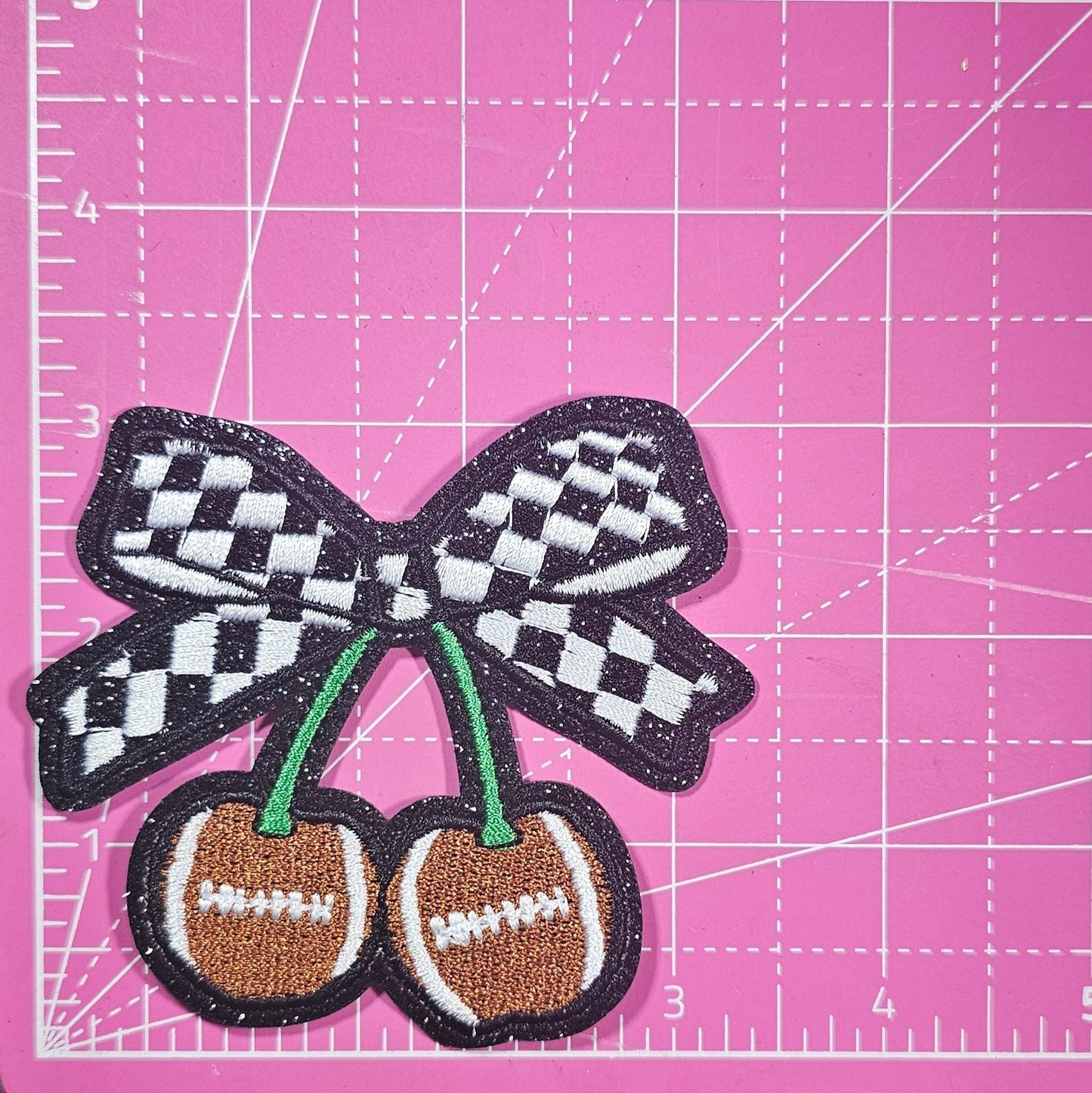 Football Cherries Checkered Bow Black Glitter Small Iron On Patch