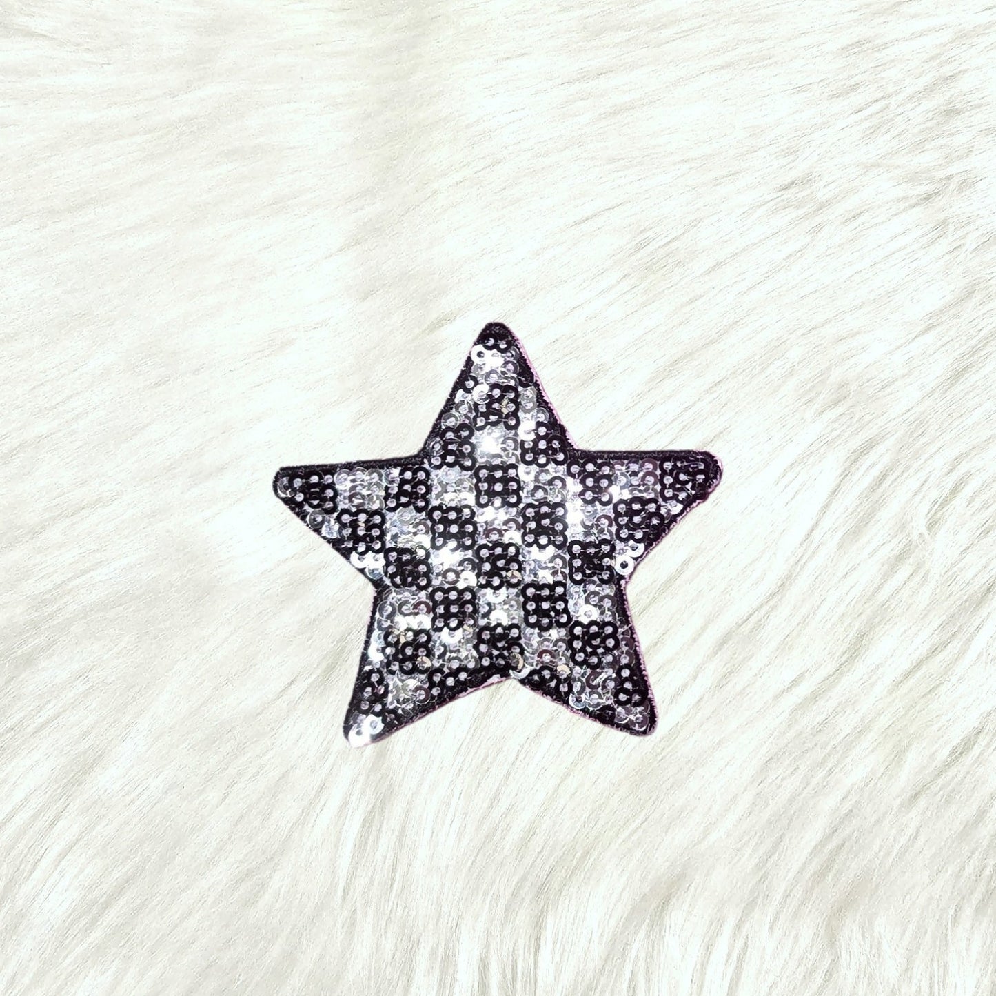 Checkered Star Small Black Silver Sequin Iron On Patch