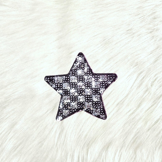 Checkered Star Small Black Silver Sequin Iron On Patch