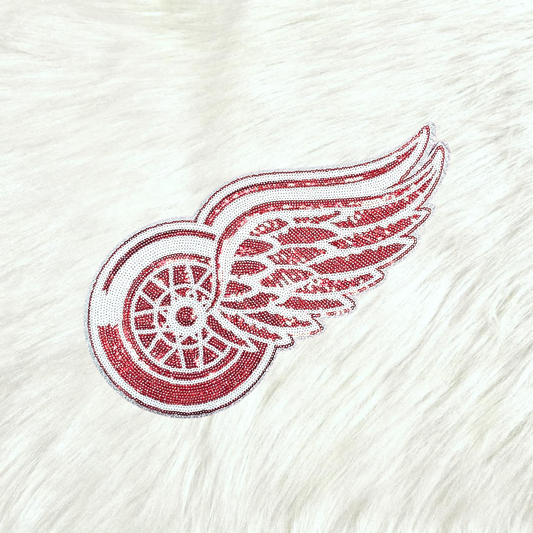 Red Wing Wheel Detroit Sequin with Silver Glitter Large Iron On Patch