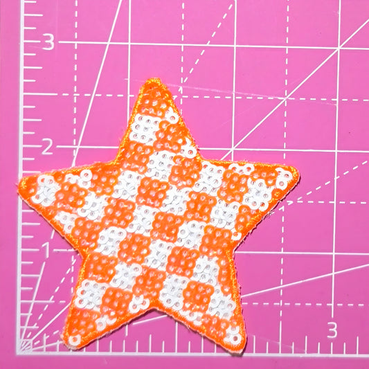 Checkered Star Small Orange White Sequin Iron On Patch